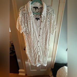 White Crochet Short Sleeve Shirt Dress - worn once